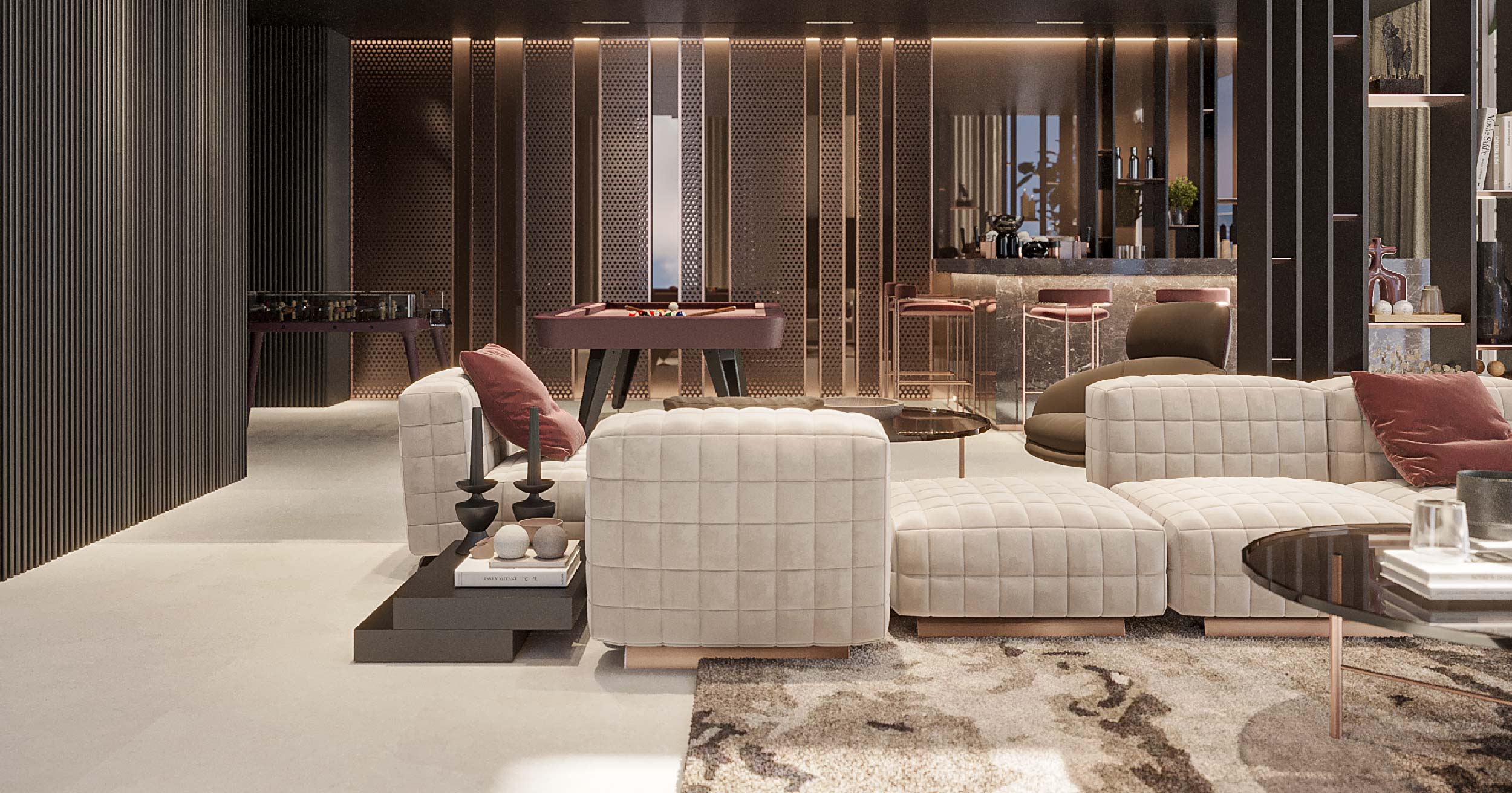 Hyde Walk By Imtiaz A modern lounge featuring plush seating, a coffee table, bar area, and a stylish rug with warm lighting accents.
